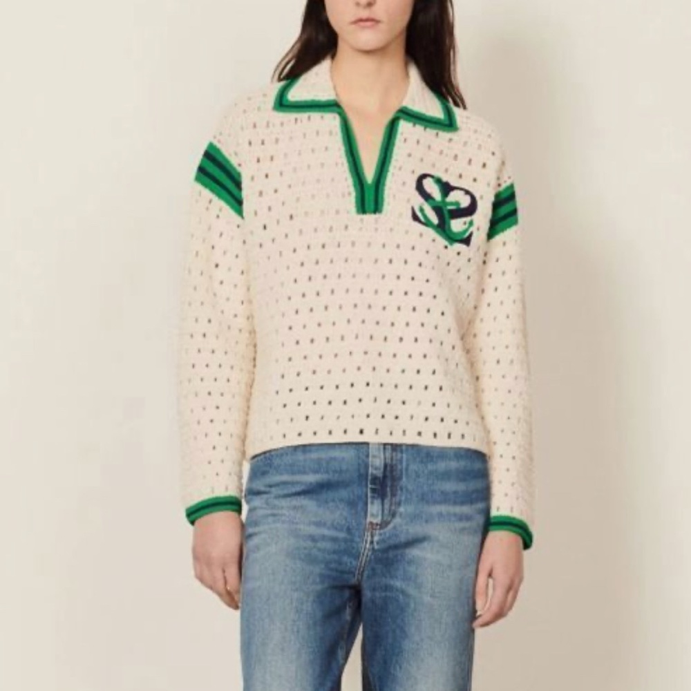 Sandro Cream Knit Top with Green and Blue Trim
